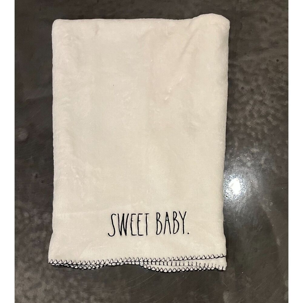 Rae Dunn "Sweet Baby" Plush Blanket Black Embroidered Lettering Whipstitch Trim